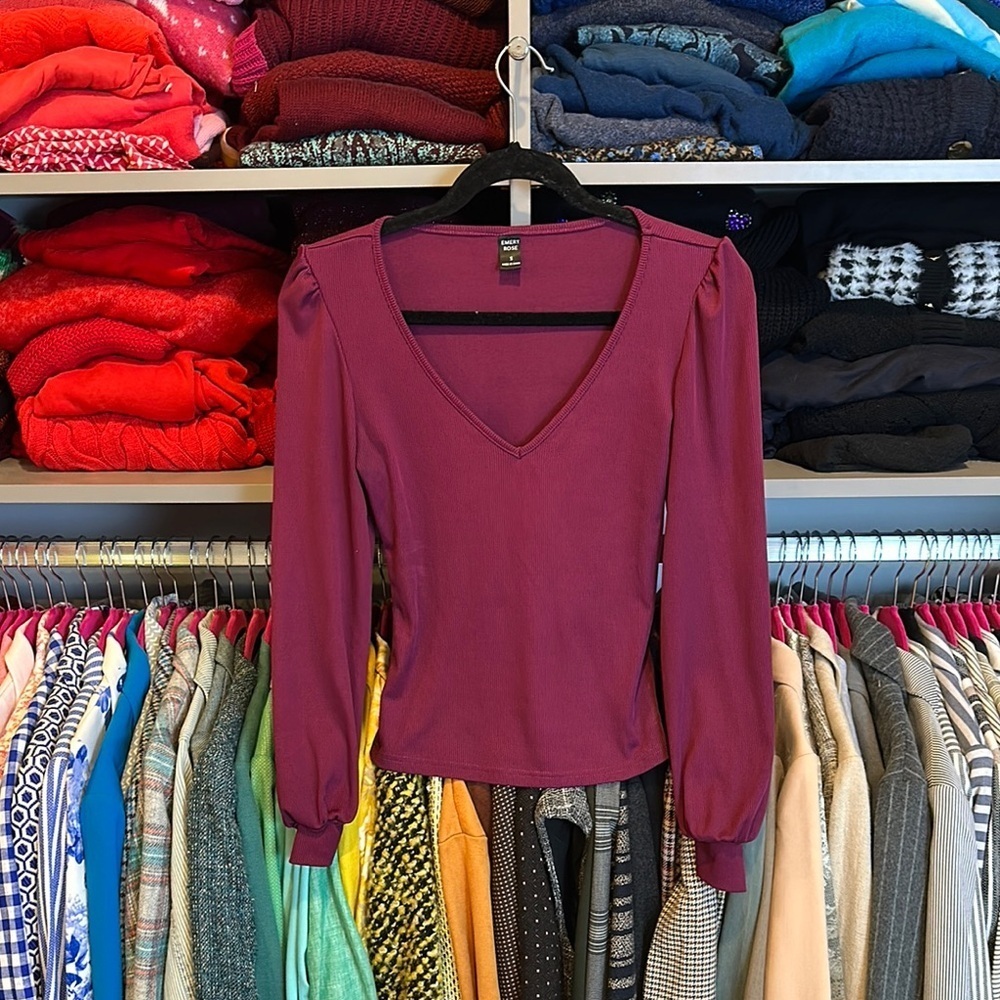 Emery Rose purple long elastic sleeve v neck ribbed top size S